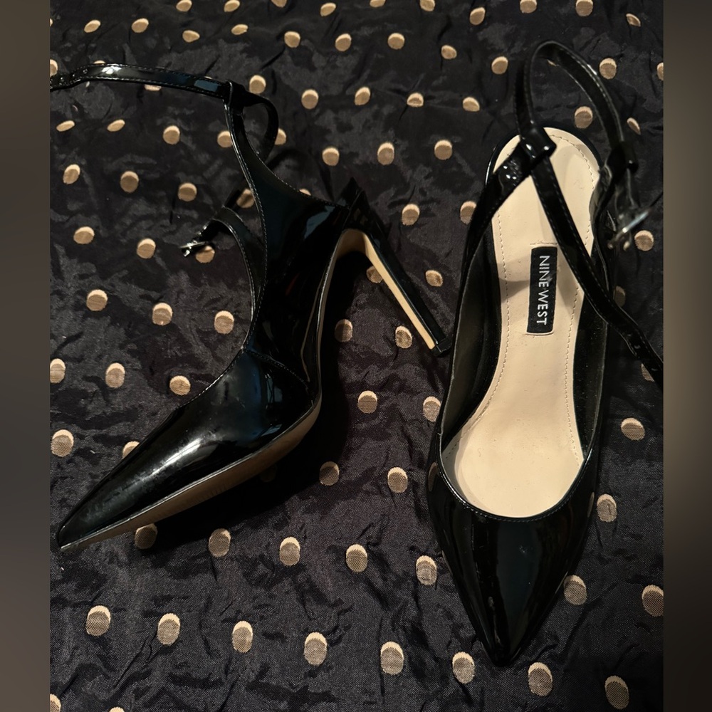 Women’s Pointy Toe Black Patent Ankle Strap 4” heels